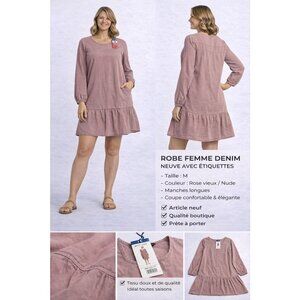 Robe Femme Manches Longues Neuve avec Étiquettes – Taille M – Couleur Rose Vieux
